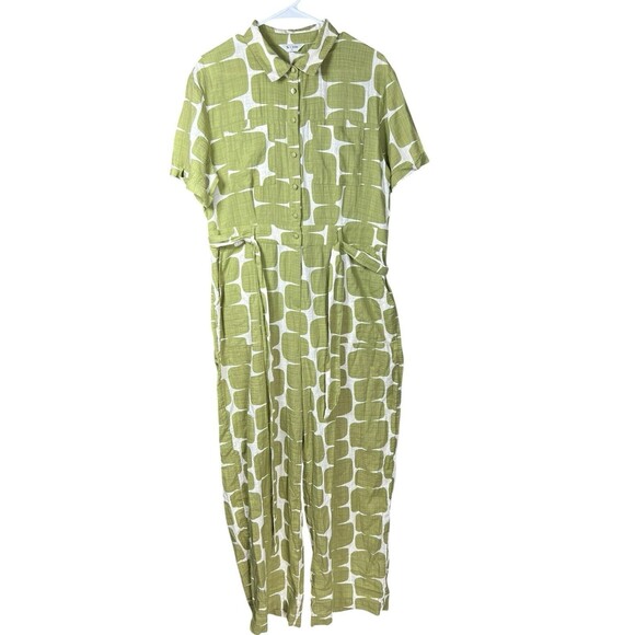 Tu x Scion Green White Abstract Jumpsuit UK 14 US 10 Cotton Belted Button Up - Picture 1 of 16